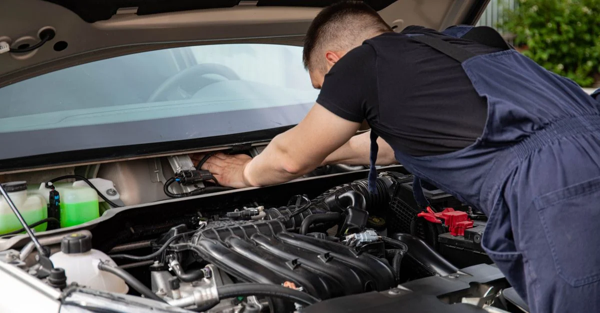Un mécanicien automobile effectue l'entretien du moteur d'une voiture. Focus sur les mains et les composants du moteur.