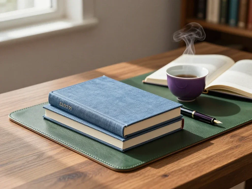 Table de lecture matinale avec carnets ouverts, livres et tasse de thé pour un moment de réflexion.